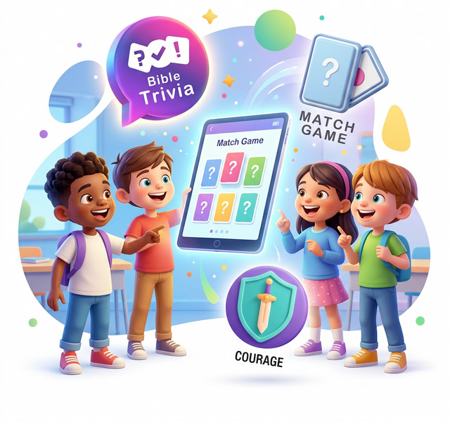 Kids learning bible together having fun on a tablet